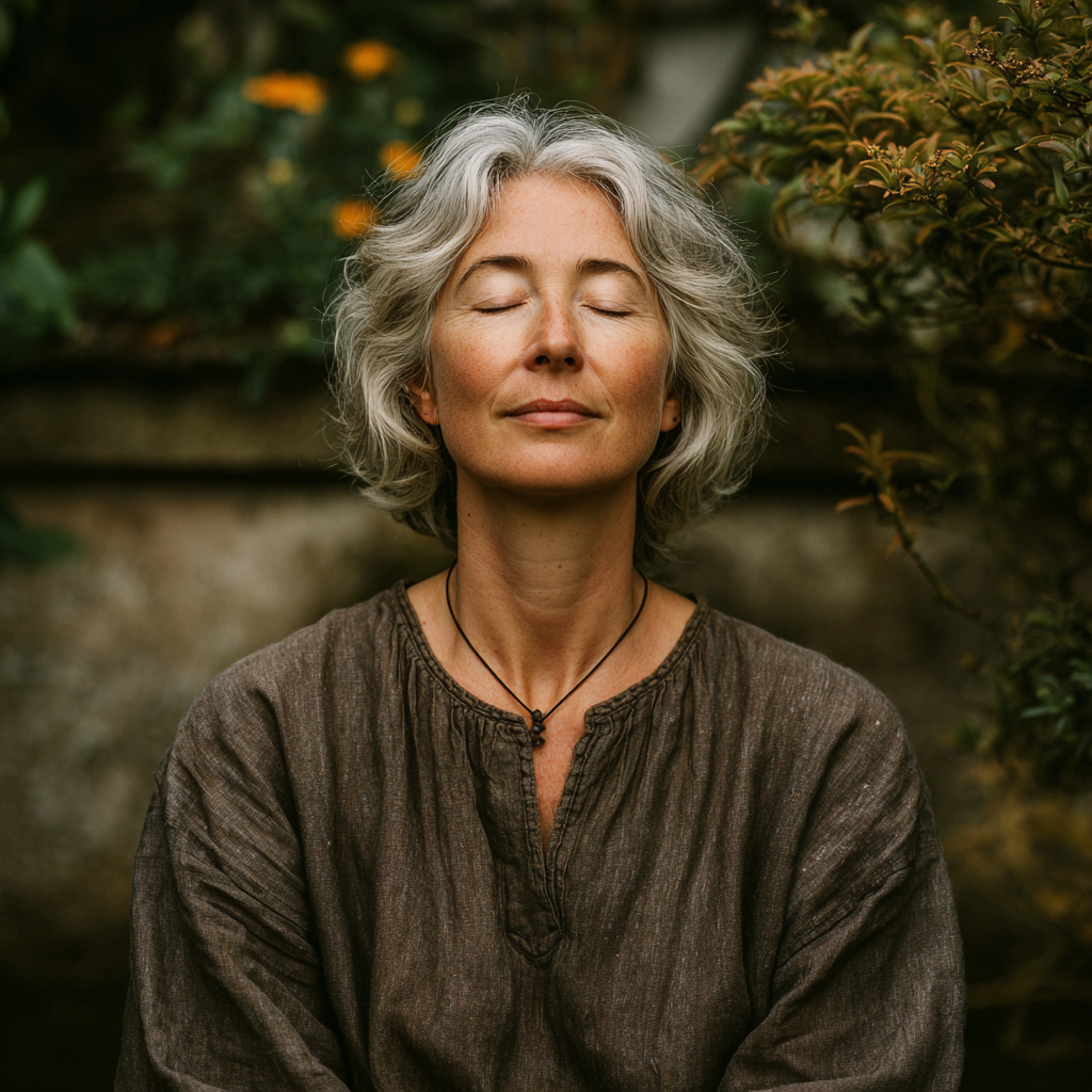 Жена на 52 години седи в медитативна поза в тиха градинска обстановка, със затворени очи и спокойно лице