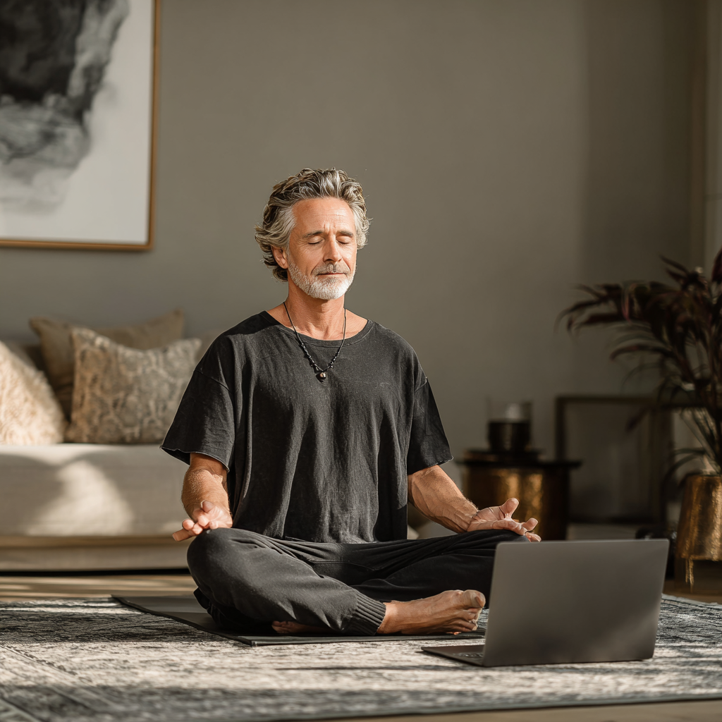 Мъж на 55 години практикува йога вкъщи пред лаптоп, следвайки онлайн урок