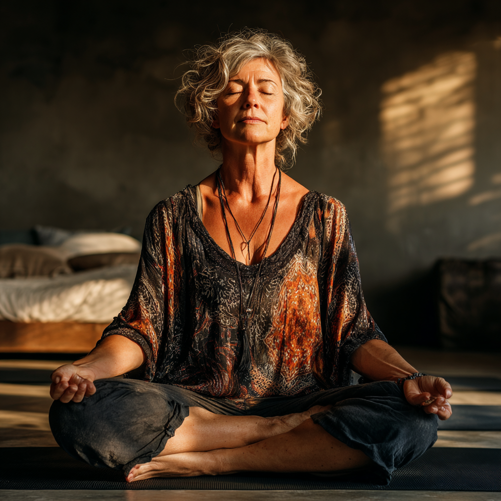Жена на 55 години в медитативна поза на йога постелка, потопена в спокойствие и концентрация