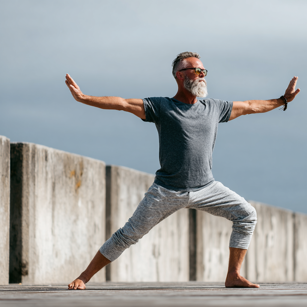 Мъж на 58 години прави йога пози на открито, демонстрирайки баланс и концентрация